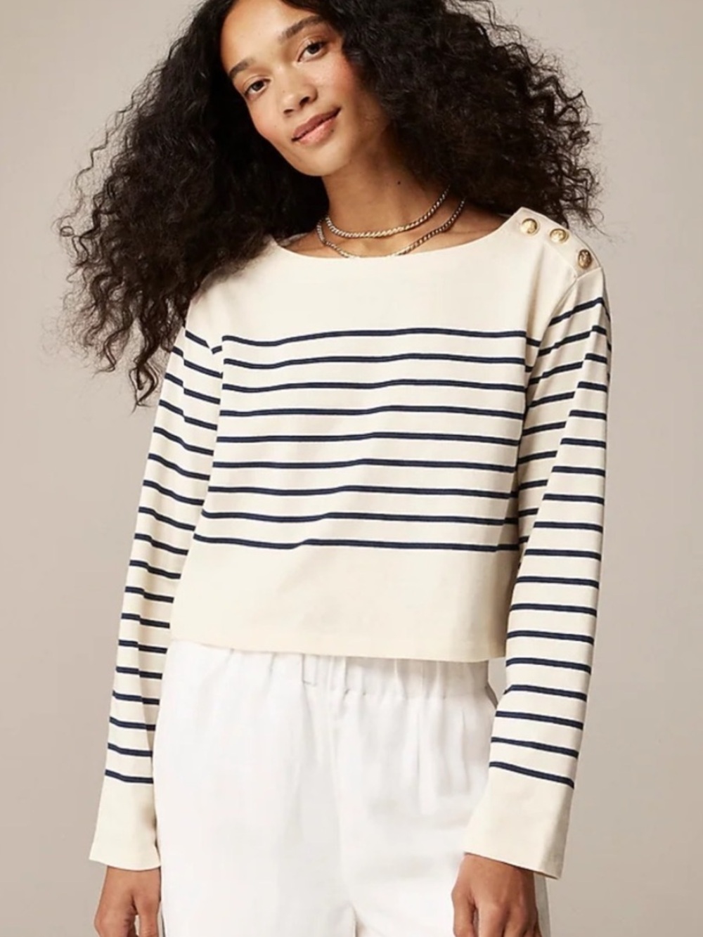 NWT J Crew Cropped Boatneck Shirt W/Buttons Mariner Cotton Off White/Blue  SZ L